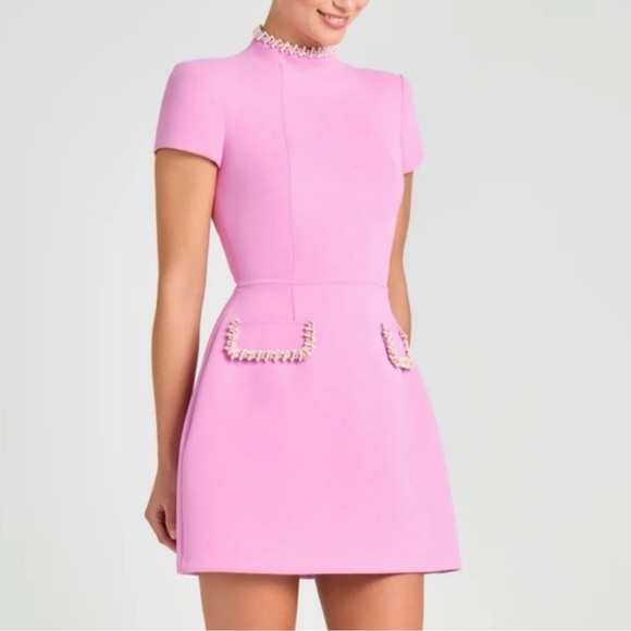 Nadine Merabi Simone Mini Dress with Embellished Trim Funnel Neck Pink Size 6 - Picture 2 of 13
